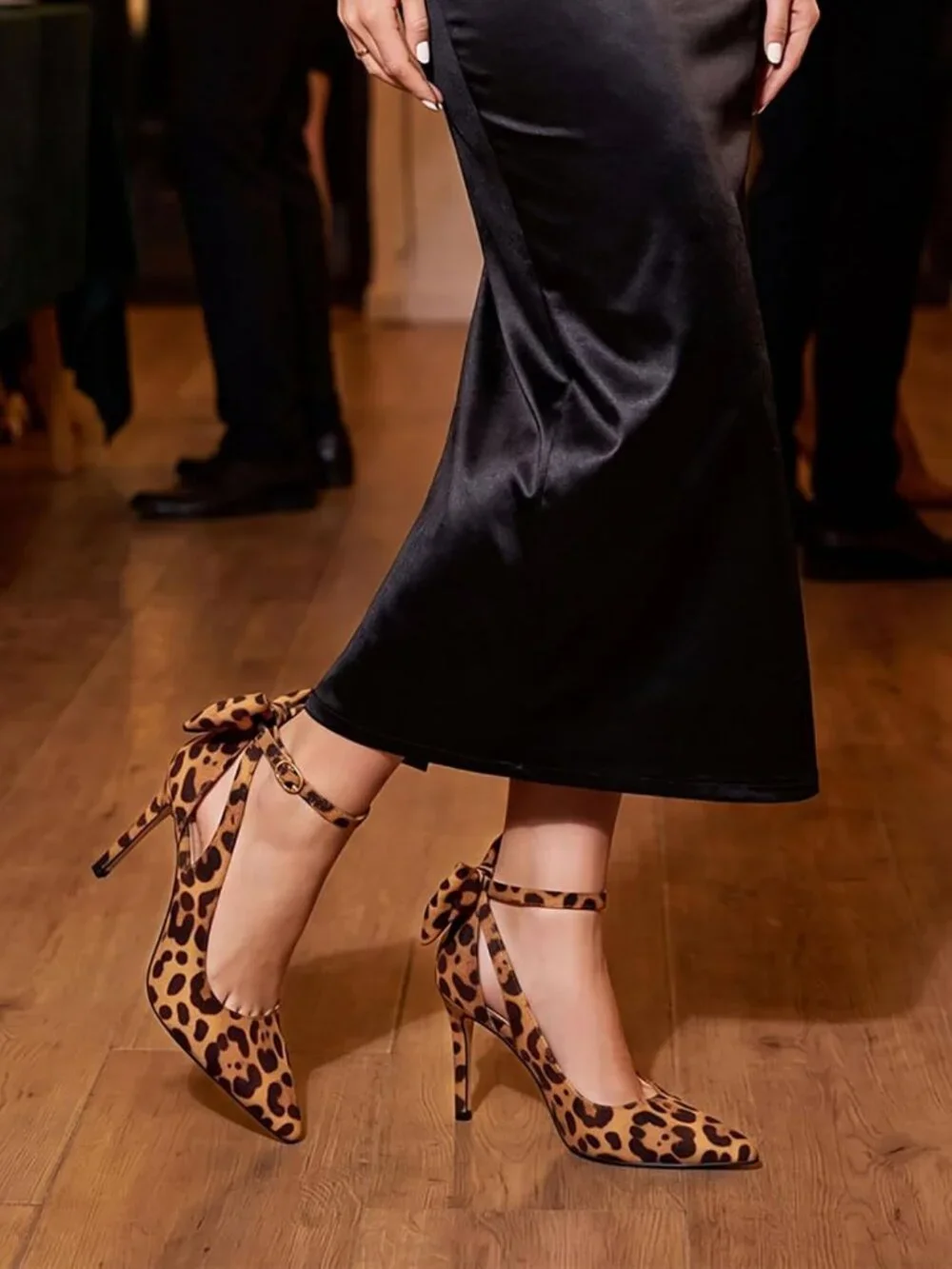 Women's Leopard Pointed Toe High Heels Ankle Strap Sexy Bowtie Back Dress Sandal